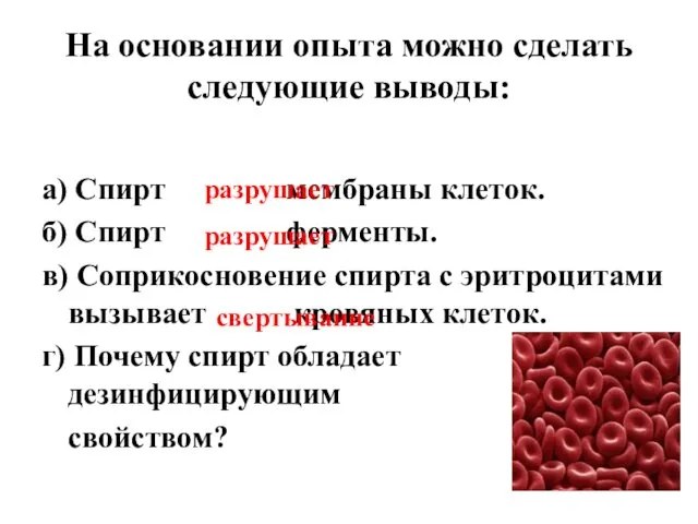 а) Спирт мембраны клеток. б) Спирт ферменты. в) Соприкосновение спирта с