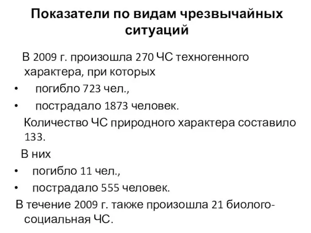 Показатели по видам чрезвычайных ситуаций В 2009 г. произошла 270 ЧС