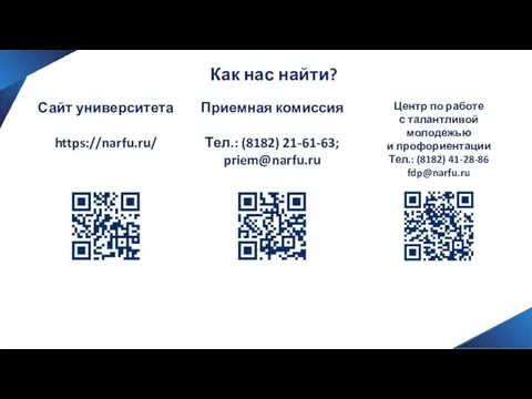 Как нас найти? Приемная комиссия Тел.: (8182) 21-61-63; priem@narfu.ru Сайт университета