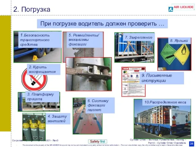 2. Погрузка При погрузке водитель должен проверить … 1.Безопасность транспортного средства