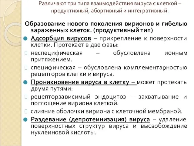 Различают три типа взаимодействия вируса с клеткой – продуктивный, абортивный и