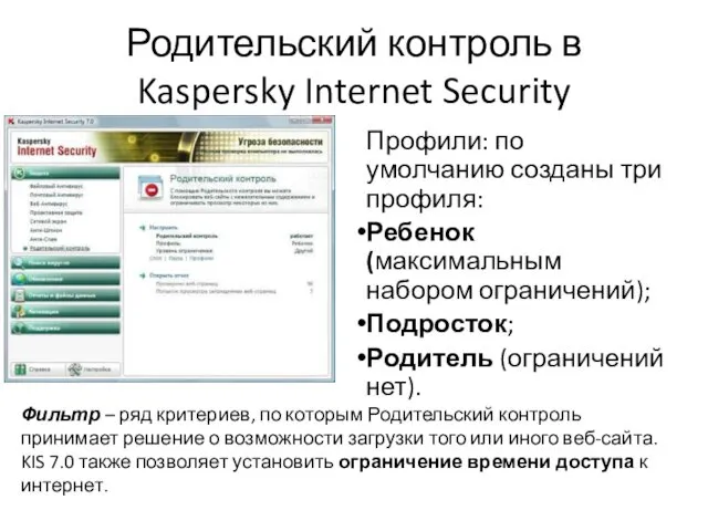 Родительский контроль в Kaspersky Internet Security Профили: по умолчанию созданы три