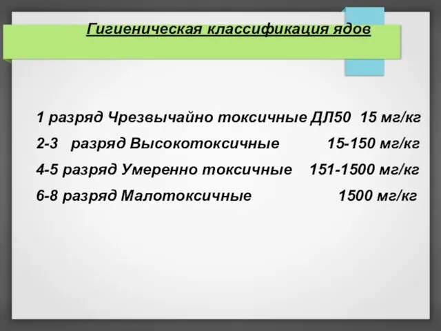 Гигиеническая классификация ядов 1 разряд Чрезвычайно токсичные ДЛ50 15 мг/кг 2-3