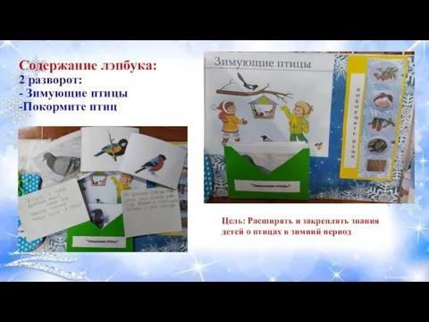 Содержание лэпбука: 2 разворот: - Зимующие птицы -Покормите птиц Цель: Расширять