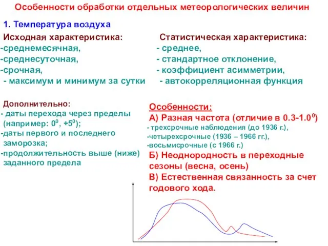 Особенности обработки отдельных метеорологических величин 1. Температура воздуха Исходная характеристика: среднемесячная,