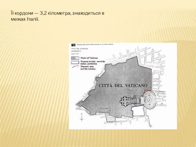 Її кордони — 3,2 кілометра, знаходиться в межах Італії.