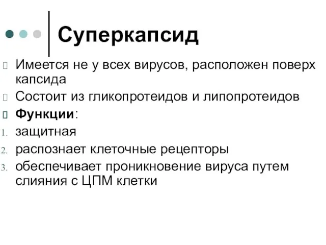 Суперкапсид Имеется не у всех вирусов, расположен поверх капсида Состоит из