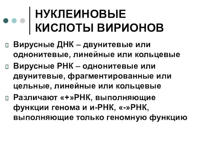 НУКЛЕИНОВЫЕ КИСЛОТЫ ВИРИОНОВ Вирусные ДНК – двунитевые или однонитевые, линейные или