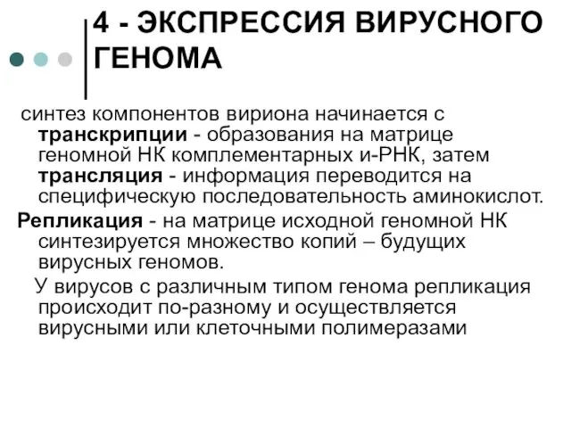 4 - ЭКСПРЕССИЯ ВИРУСНОГО ГЕНОМА синтез компонентов вириона начинается с транскрипции