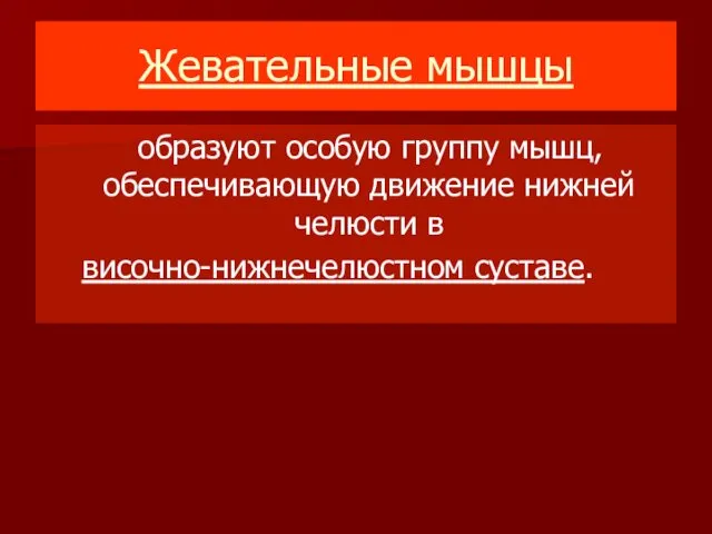 Жевательные мышцы образуют особую группу мышц, обеспечивающую движение нижней челюсти в височно-нижнечелюстном суставе.