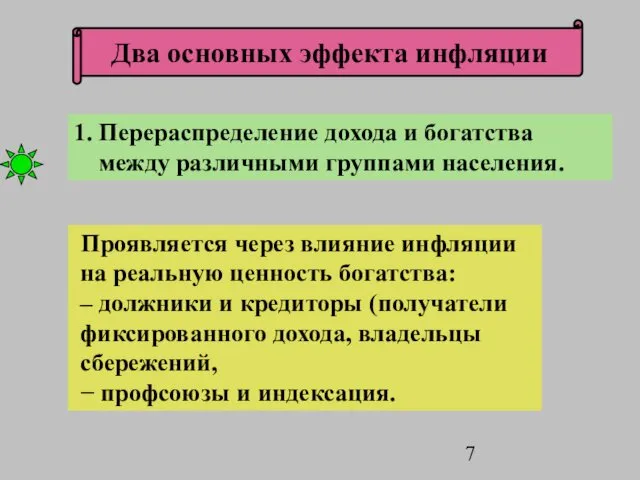 1. Перераспределение дохода и богатства между различными группами населения. Проявляется через