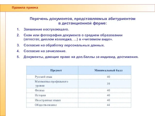 Правила приема Перечень документов, представляемых абитуриентом в дистанционной форме: Заявление поступающего.