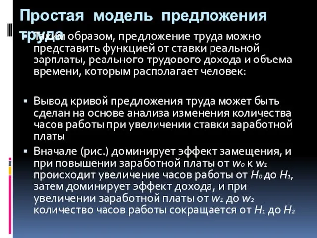 Простая модель предложения труда Таким образом, предложение труда можно представить функцией