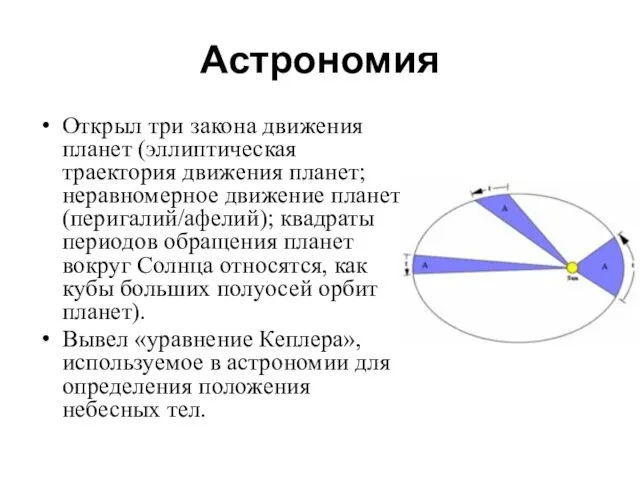 Астрономия Открыл три закона движения планет (эллиптическая траектория движения планет; неравномерное