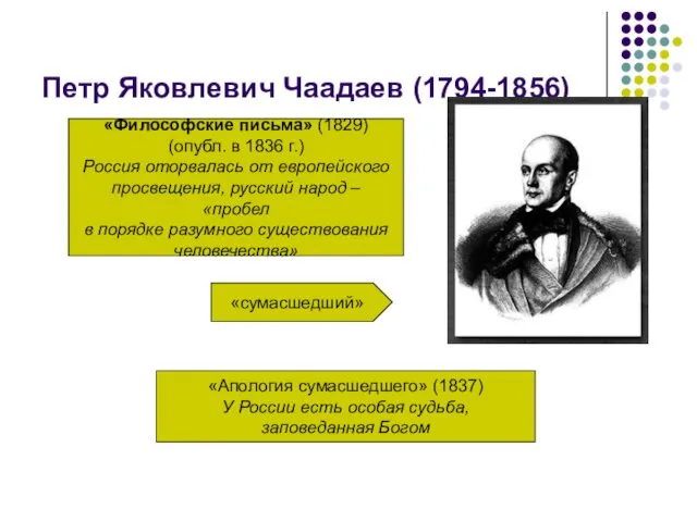 Петр Яковлевич Чаадаев (1794-1856) «Философские письма» (1829) (опубл. в 1836 г.)