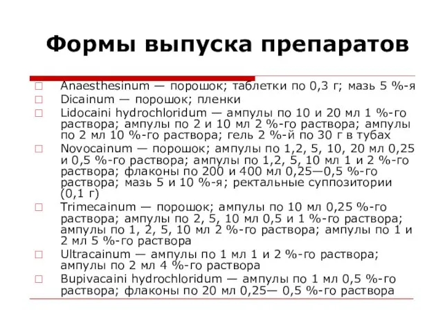 Формы выпуска препаратов Anaesthesinum — порошок; таблетки по 0,3 г; мазь