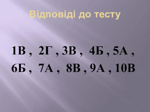 Відповіді до тесту 1В , 2Г , 3В , 4Б ,