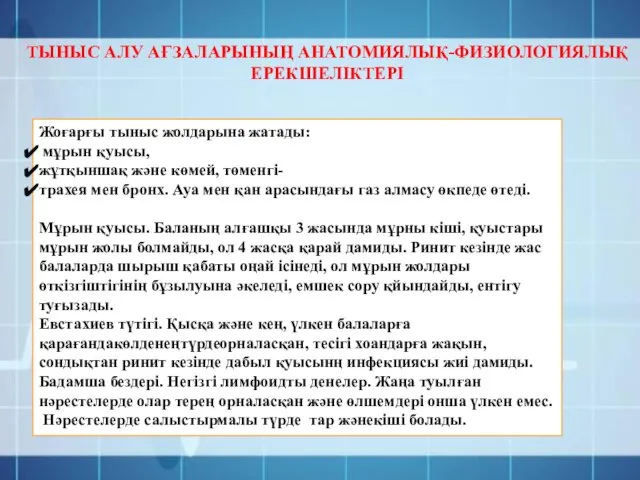 ТЫНЫС АЛУ АҒЗАЛАРЫНЫҢ АНАТОМИЯЛЫҚ-ФИЗИОЛОГИЯЛЫҚ ЕРЕКШЕЛІКТЕРІ Жоғарғы тыныс жолдарына жатады: мұрын қуысы,