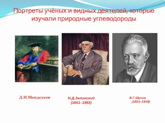 Портреты учёных и видных деятелей, которые изучали природные углеводороды Д.И.Менделеев