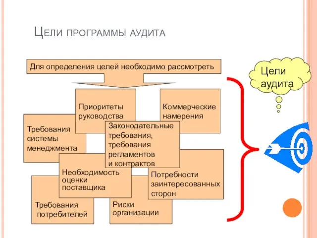 Цели программы аудита Цели аудита Требования потребителей Риски организации Требования системы