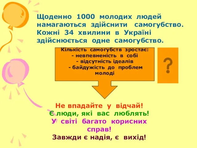 Щоденно 1000 молодих людей намагаються здійснити самогубство. Кожні 34 хвилини в