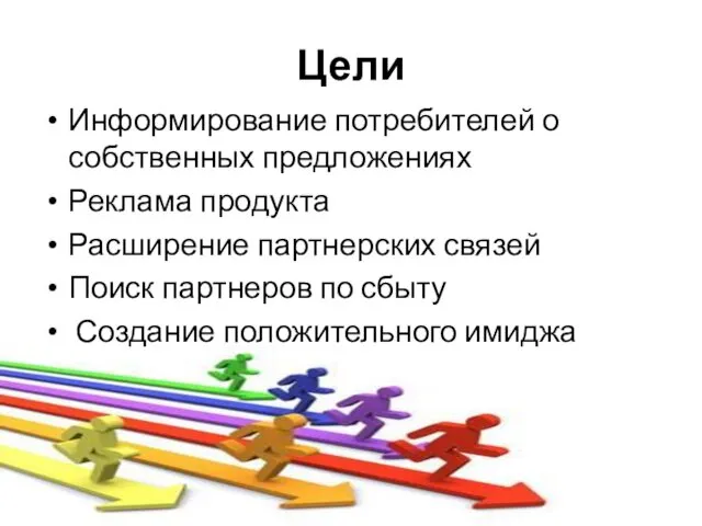 Цели Информирование потребителей о собственных предложениях Реклама продукта Расширение партнерских связей