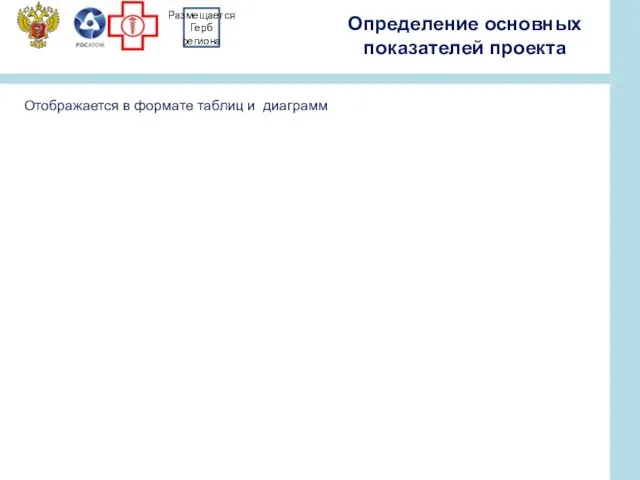 Определение основных показателей проекта Отображается в формате таблиц и диаграмм Размещается Герб региона