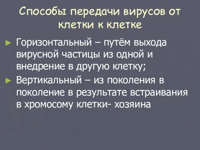 Способы передачи вирусов от клетки к клетке Горизонтальный – путём выхода