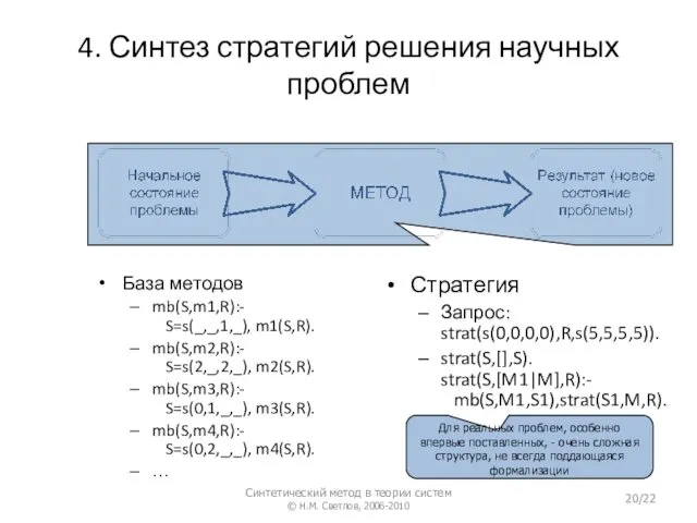 4. Синтез стратегий решения научных проблем База методов mb(S,m1,R):- S=s(_,_,1,_), m1(S,R).