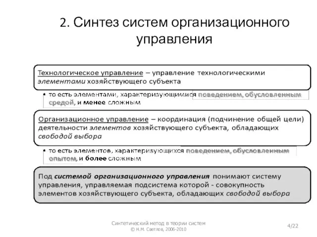 2. Синтез систем организационного управления Синтетический метод в теории систем © Н.М. Светлов, 2006-2010 /22