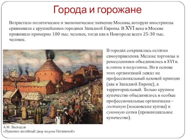 Города и горожане А.М. Васнецов «Пушечно-литейный двор на реке Неглинной» Возрастало