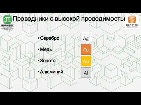 Проводники с высокой проводимостью Серебро Медь Золото Алюминий Ag Cu Al Au