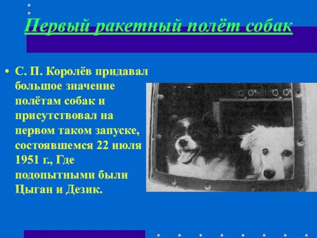 Первый ракетный полёт собак С. П. Королёв придавал большое значение полётам