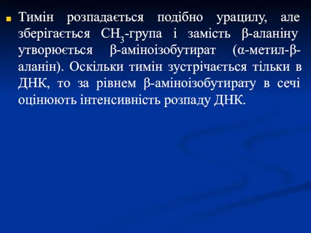 Тимін розпадається подібно урацилу, але зберігається CH3-група і замість β-аланіну утворюється