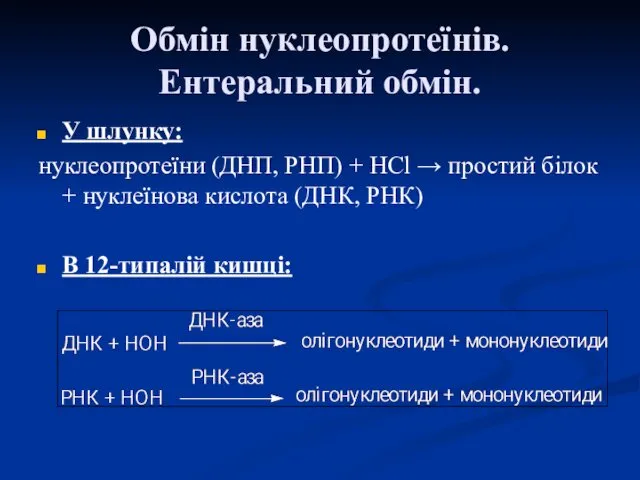 Обмін нуклеопротеїнів. Ентеральний обмін. У шлунку: нуклеопротеїни (ДНП, РНП) + HCl