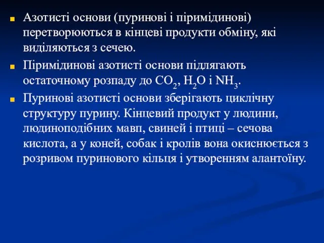 Азотисті основи (пуринові і піримідинові) перетворюються в кінцеві продукти обміну, які