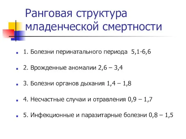 Ранговая структура младенческой смертности 1. Болезни перинатального периода 5,1-6,6 2. Врожденные