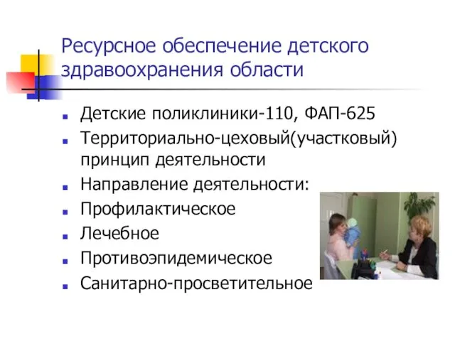 Ресурсное обеспечение детского здравоохранения области Детские поликлиники-110, ФАП-625 Территориально-цеховый(участковый) принцип деятельности