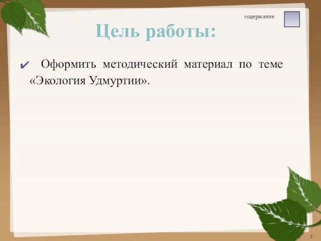 Оформить методический материал по теме «Экология Удмуртии». Цель работы: содержание