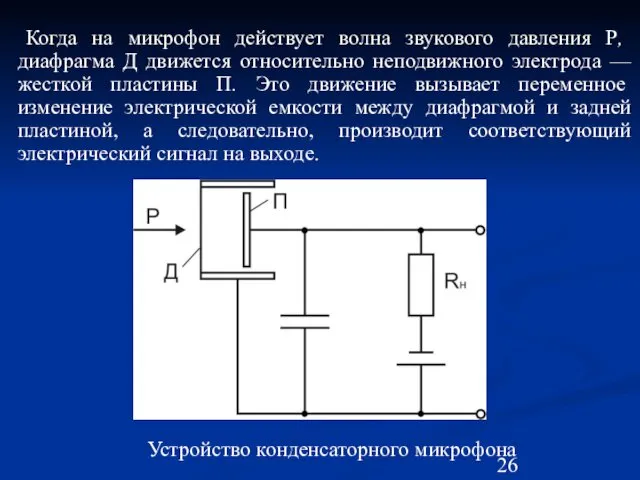 Когда на микрофон действует волна звукового давления Р, диафрагма Д движется