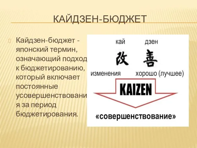 КАЙДЗЕН-БЮДЖЕТ Кайдзен-бюджет - японский термин, означающий подход к бюджетированию, который включает постоянные усовершенствования за период бюджетирования.