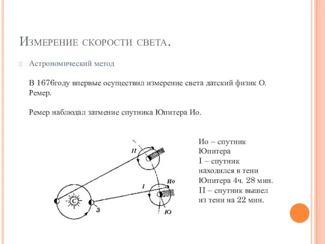 Измерение скорости света. Астрономический метод В 1676году впервые осуществил измерение света