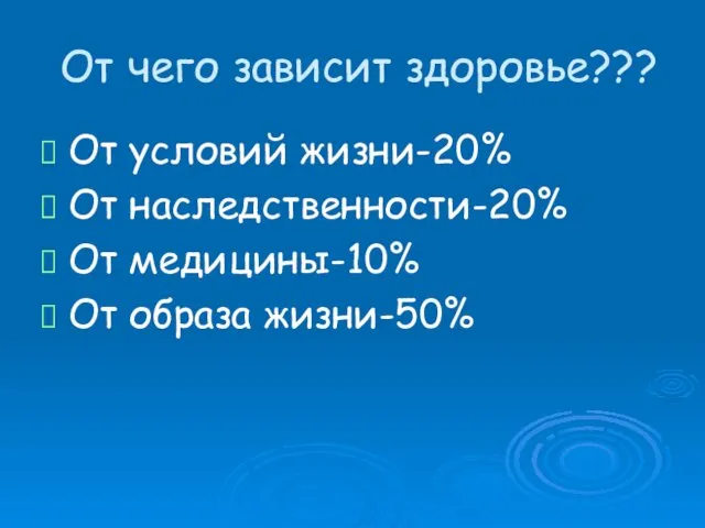 От чего зависит здоровье??? От условий жизни-20% От наследственности-20% От медицины-10% От образа жизни-50%