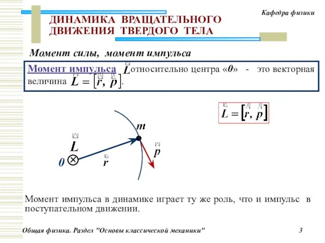 ДИНАМИКА ВРАЩАТЕЛЬНОГО ДВИЖЕНИЯ ТВЕРДОГО ТЕЛА Момент импульса в динамике играет ту