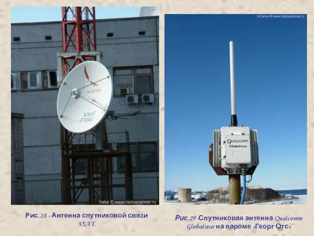Рис.28 - Антенна спутниковой связи VSAT. Рис.29 -Спутниковая антенна Qualcomm Globalstar на пароме «Георг Отс»