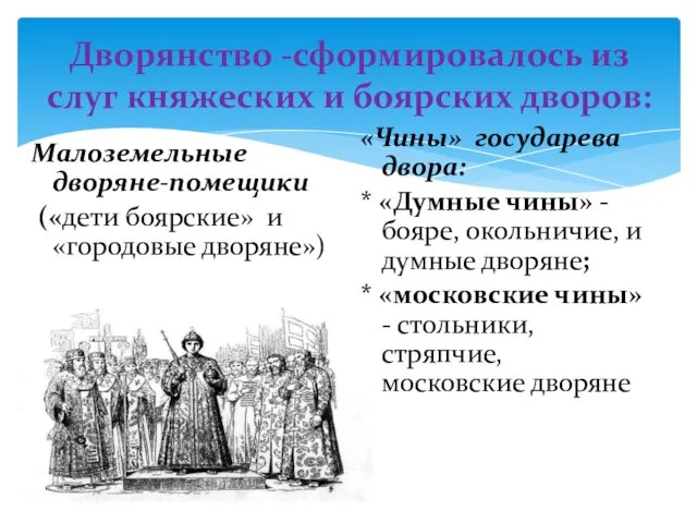 Дворянство -сформировалось из слуг княжеских и боярских дворов: Малоземельные дворяне-помещики («дети