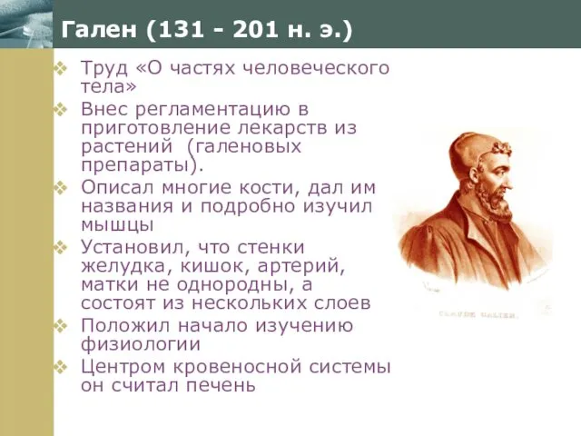 Гален (131 - 201 н. э.) Труд «О частях человеческого тела»