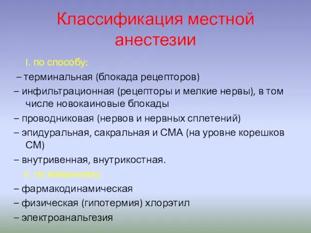 Классификация местной анестезии I. по способу: – терминальная (блокада рецепторов) –