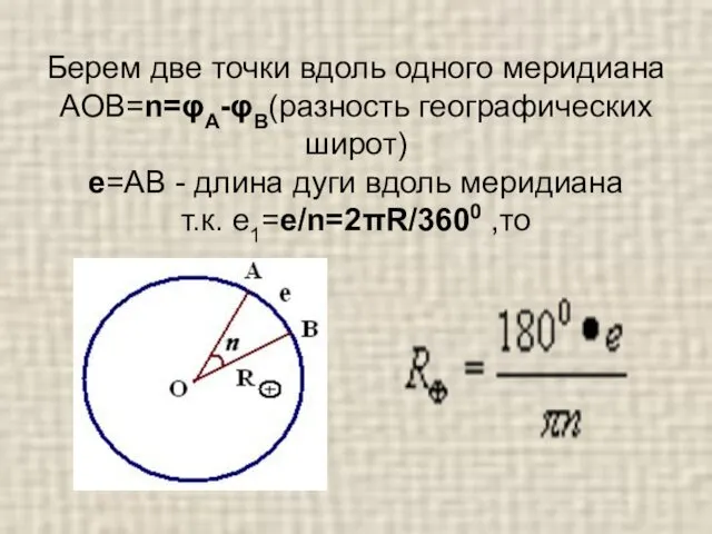 Берем две точки вдоль одного меридиана АОВ=n=φА-φВ(разность географических широт) е=АВ -