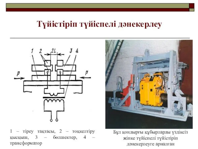 Түйістіріп түйіспелі дәнекерлеу 1 – тіреу тақтасы, 2 – тоқкелтіру қысқыш,